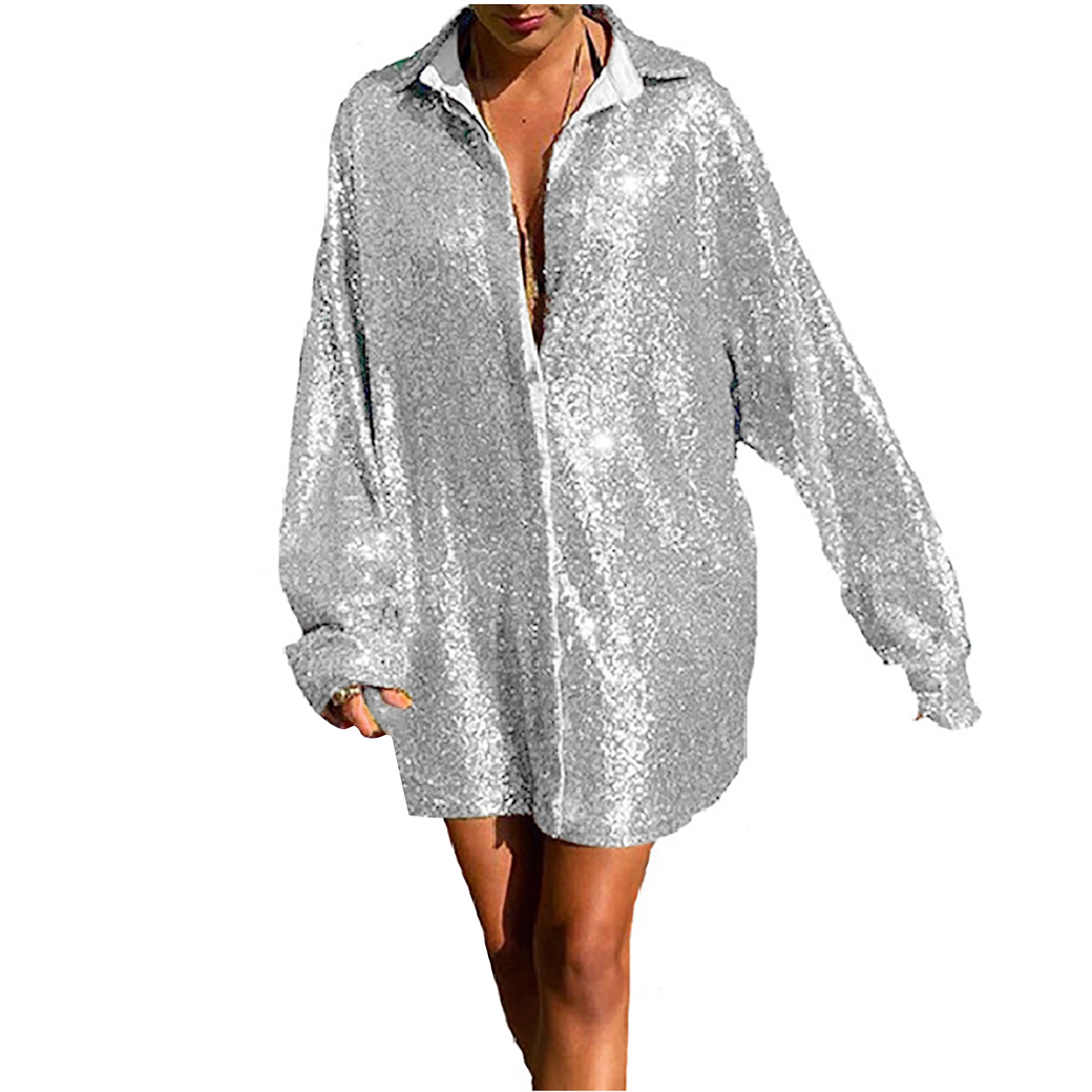 Blusa sexy con cuello en V y lentejuelas para mujer: top de manga larga con pliegues en el ombligo, corte holgado para fiestas/uso diario, tejido de poliéster con lentejuelas